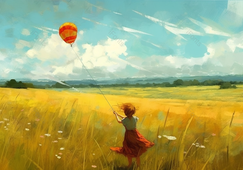 凉爽儿童节女孩在草原草地快乐地放风筝小清新插画,插画/手绘图,插画/手绘图库,插画/手绘图下载,插画/手绘